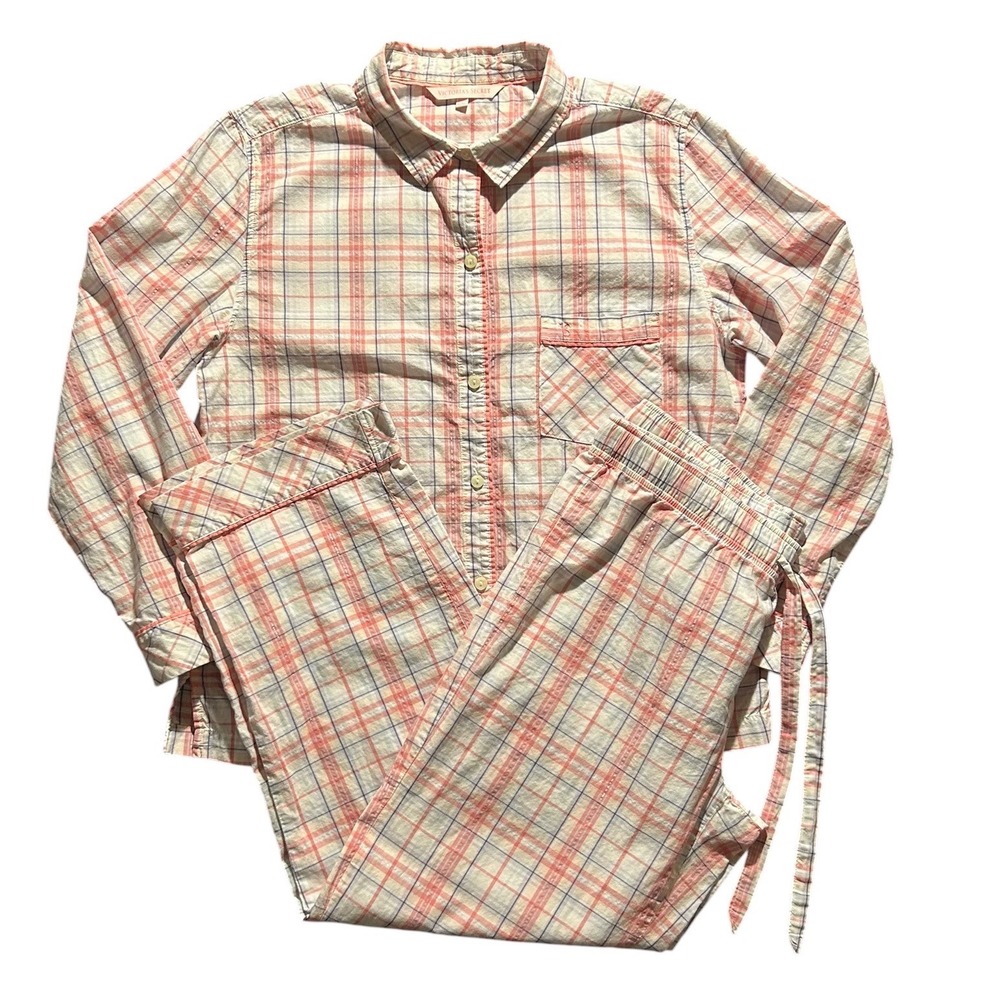 Victorias Secret Plaid Pajama Set Pink Blue M PJ Long Sleeve Button Down